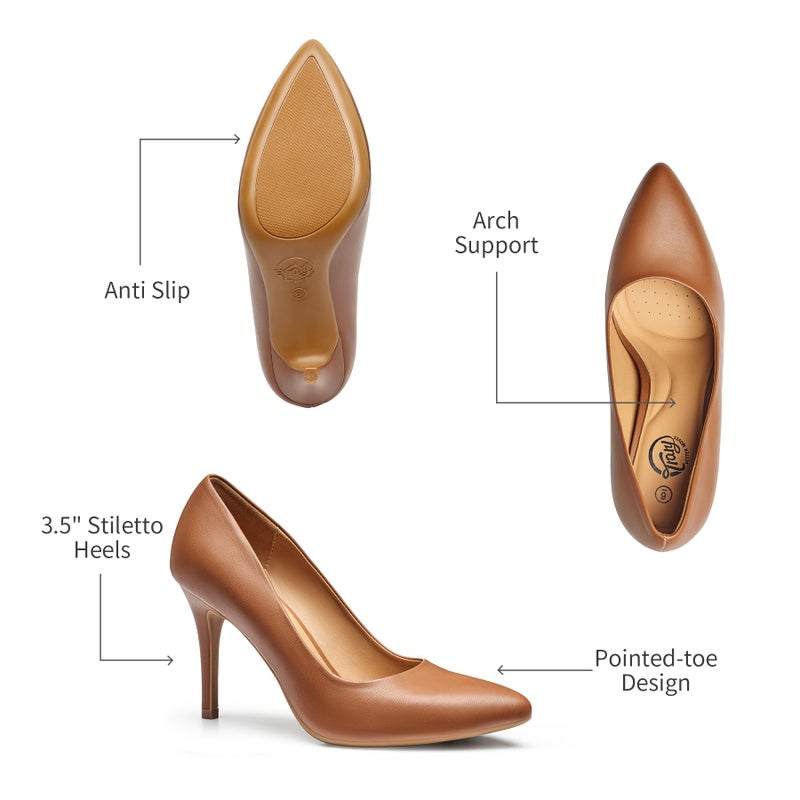 Trary Womenâ€™s High Heel Dress Pump Pointed Toe Shoe Classic Office Special Dressy Casual PU Brown07 - Image 5